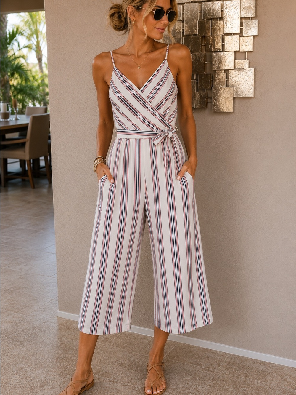 Banana Republic White Jumpsuit with Pink and Navy Stripes